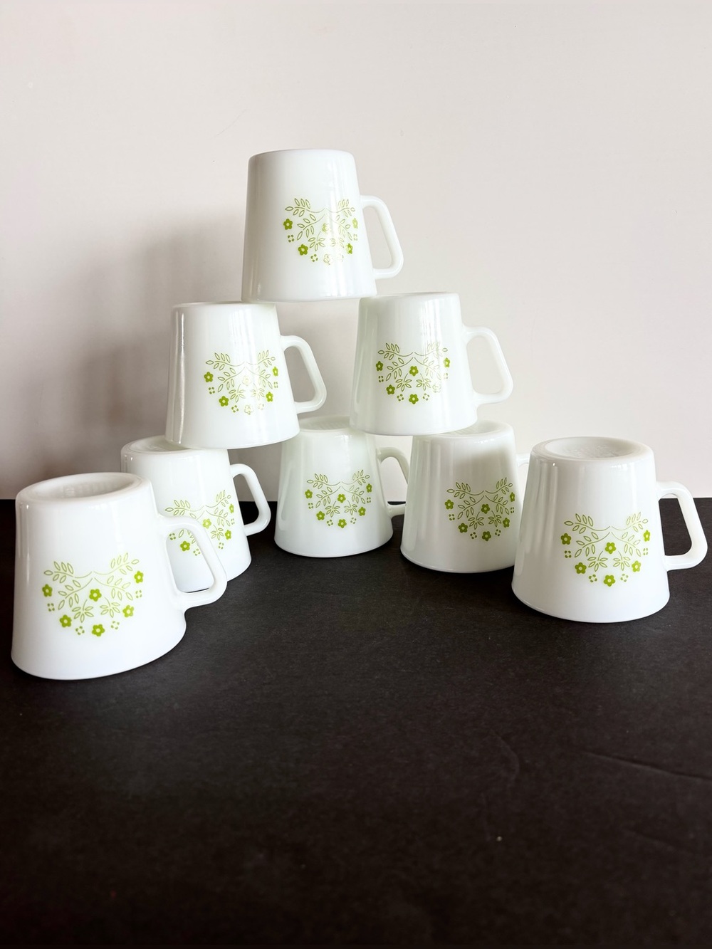 Vintage Pyrex Milk Glass Mugs Summer Impressions Green Honeydew Floral set of 8